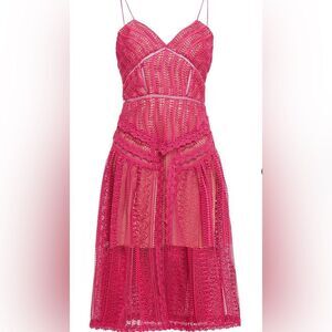 Self-Portrait Fuchsia Guipure Lace Spiral Midi Dress, Nude Lining, US4, UK8 EX++
